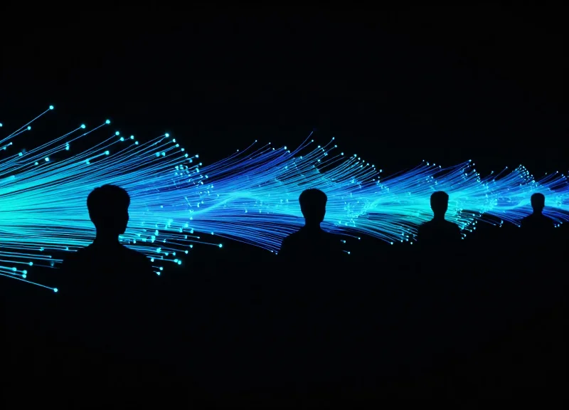 Abstract digital data streams flowing across a retail landscape representing automation.