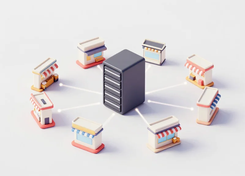 Isometric view of a central server hub distributing price data to multiple retail stores.
