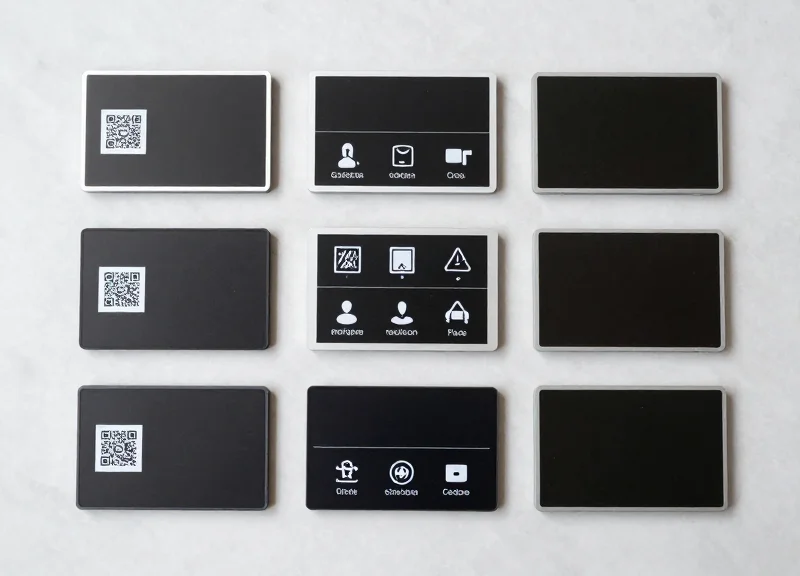 Organized collection of various electronic shelf labels showing different sizes.