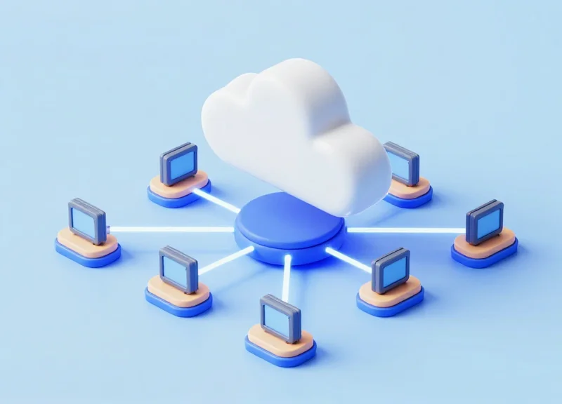 A 3D isometric diagram of a cloud network connecting digital labels.