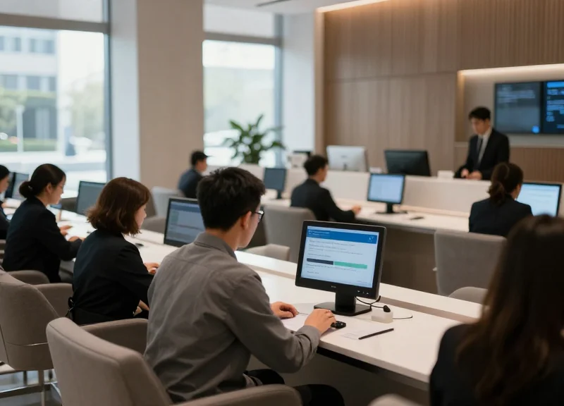 A modern bank interior with customers and digital progress indicators.