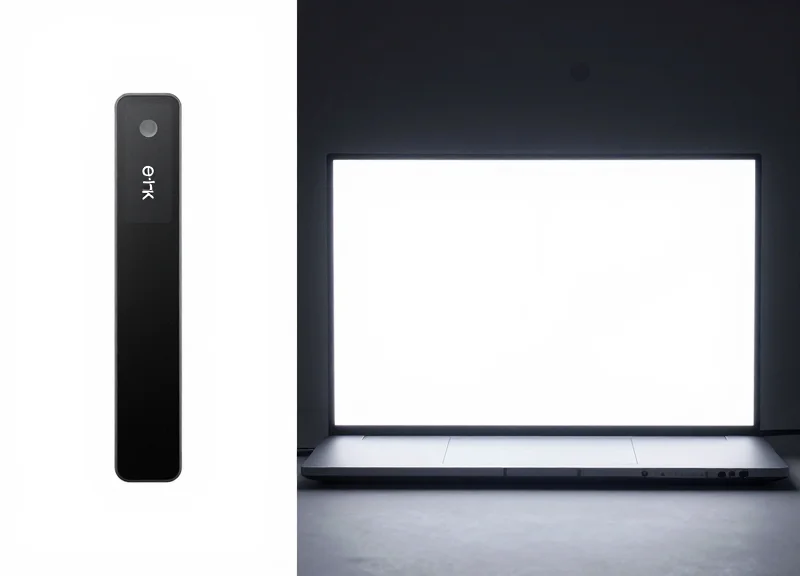 Comparison of a thin minimalist electronic ink label and a bulky glowing digital monitor.