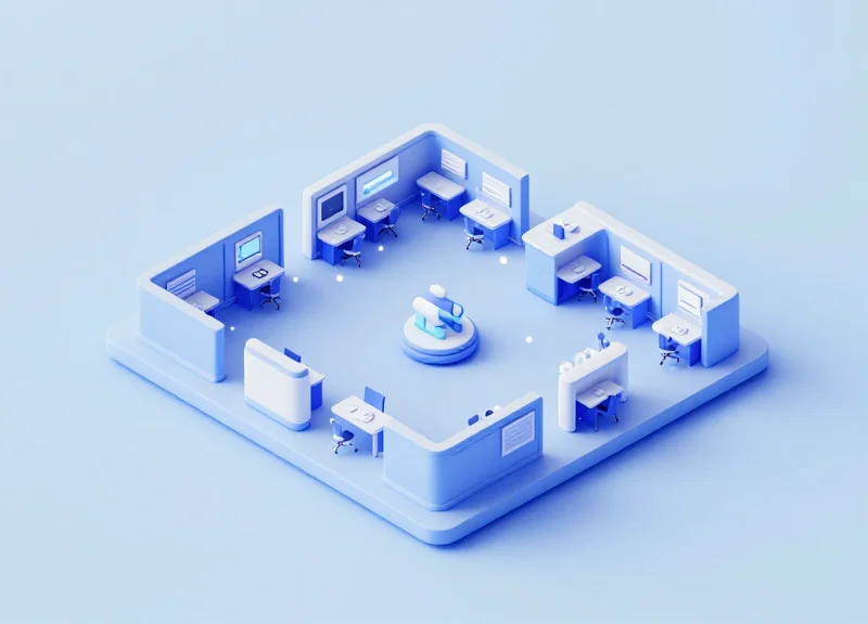 Isometric 3D model of a bank office floor with automated workflow nodes.