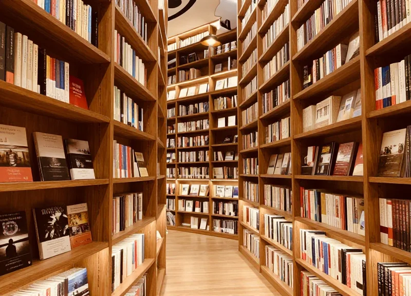 A modern niche bookstore interior with warm wooden shelving and customers browsing under soft ambient light.