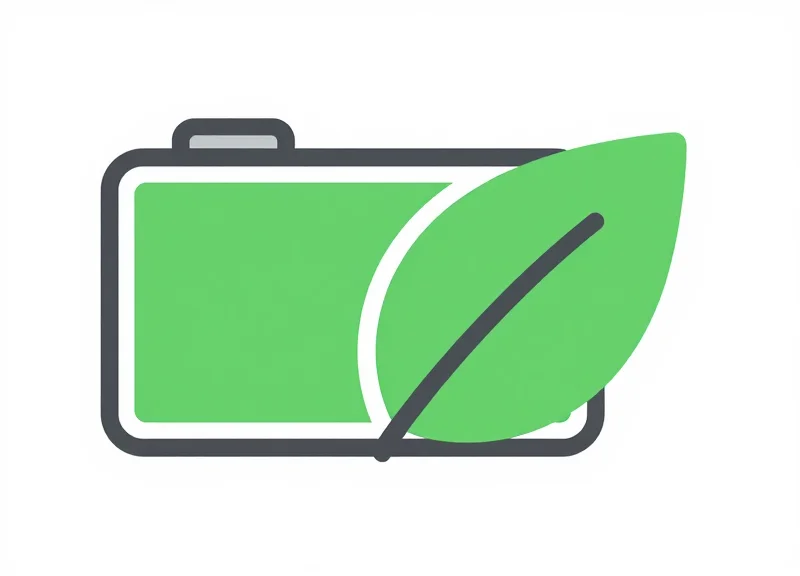 Flat vector illustration representing sustainability and energy efficiency through a leaf and battery icon.