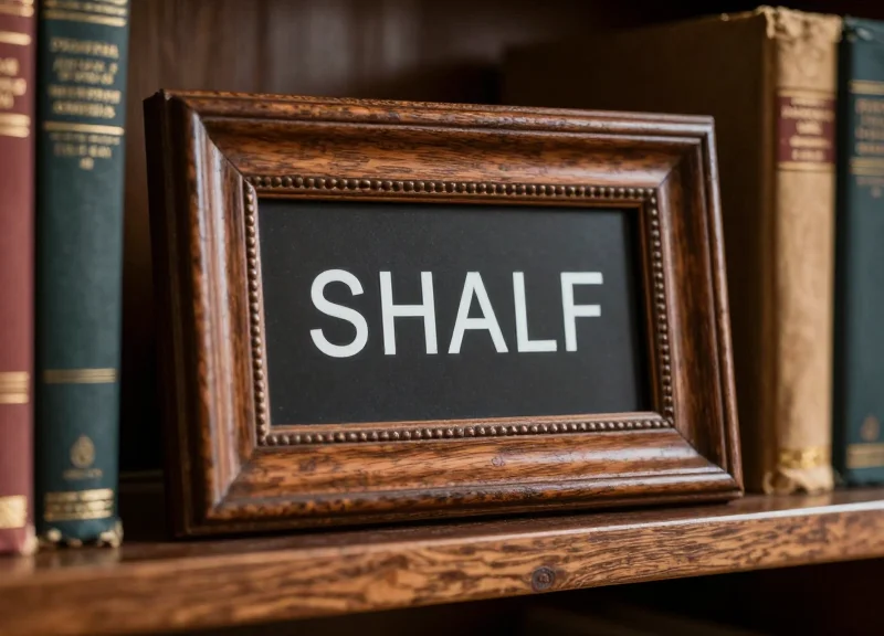 Close-up of a bookstore shelf with a digital label encased in a custom decorative wooden frame.