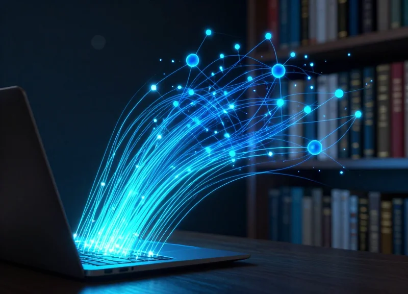 Abstract digital data streams flowing from a laptop to a bookshelf, representing synchronization.