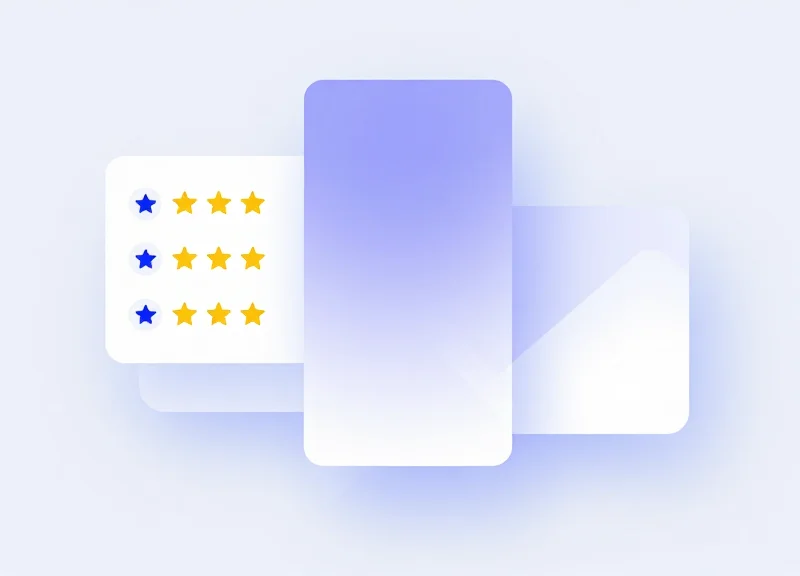 Modern UI mockup showing social star ratings on a glass-textured digital interface.