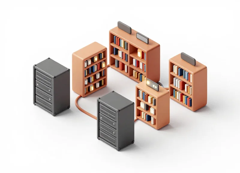 Isometric 3D model of a bookstore shelving system integrated with digital label infrastructure.