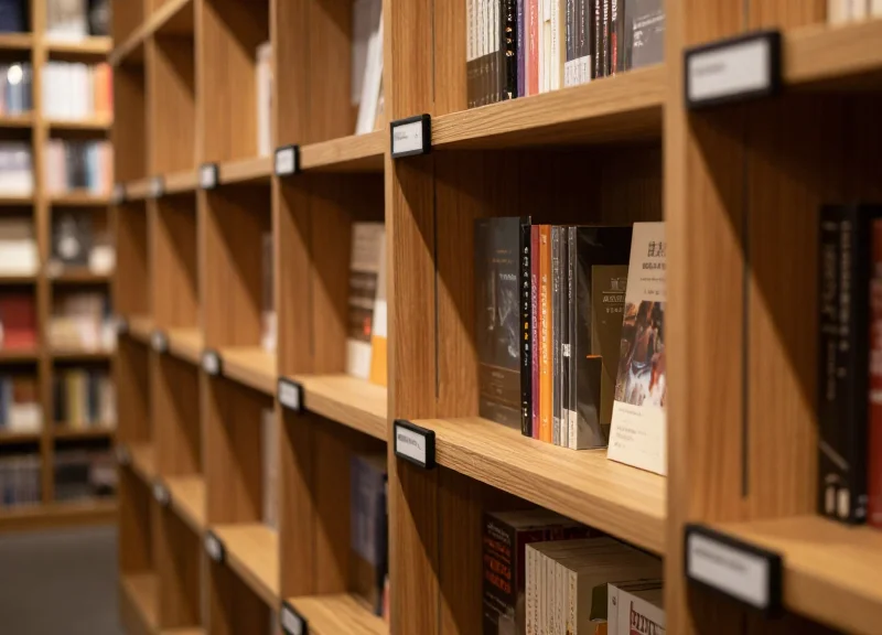 A modern bookstore interior featuring sleek electronic shelf labels on wooden shelves.