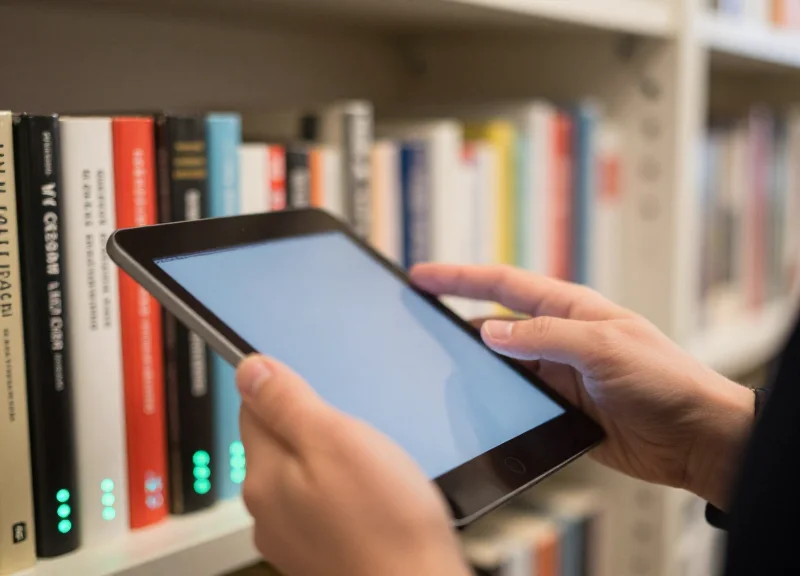 A bookstore staff member using a digital tablet to check inventory near a high-tech book display.