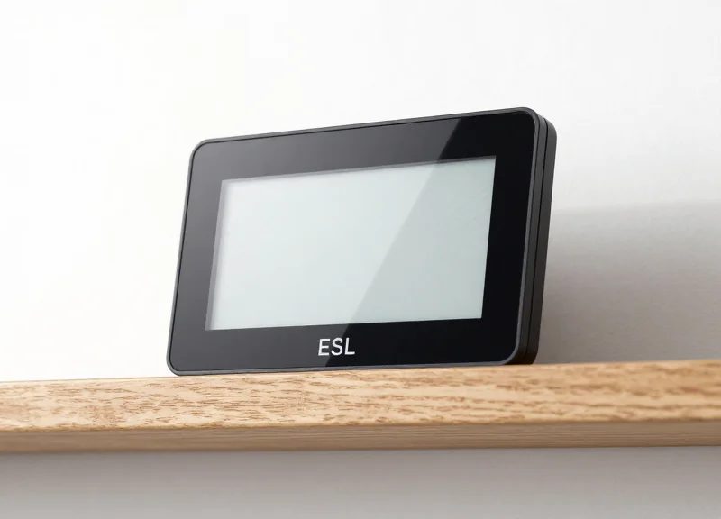 A sleek, minimalist electronic shelf label mounted on a wooden shelf, showing an abstract digital pattern.