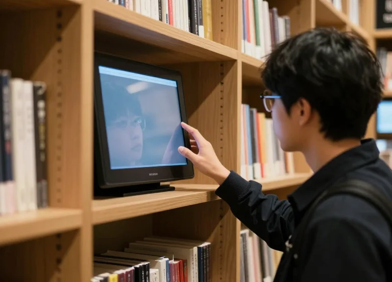 A customer interacting with an interactive book shelf that has glowing digital features.