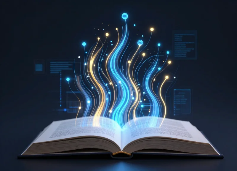 Abstract digital data streams flowing from an open book, symbolizing data-driven insights and analytics.