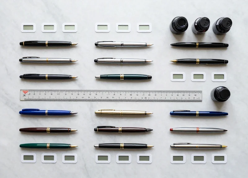 An overhead view of various pens, markers, and small stationery items neatly arranged with multiple 1.5-inch electronic tags.
