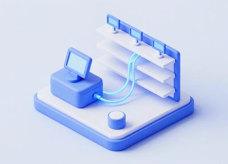 An isometric 3D model of a retail checkout system connected to a digital tag network.
