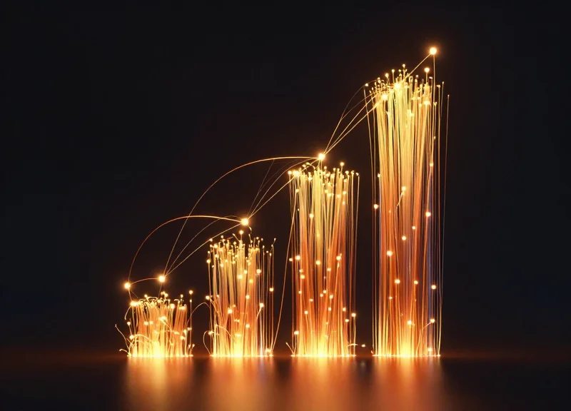 An abstract visualization of financial growth and ROI with rising light trails and data nodes.