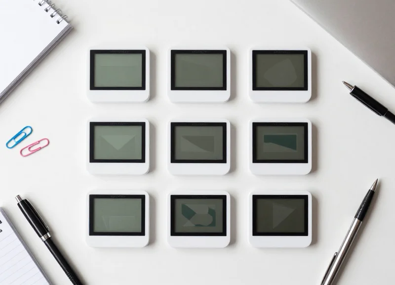 A top-down flat lay photography showing several small 1.5-inch electronic shelf labels neatly arranged in a grid alongside stationery items like pens and clips on a minimalist white surface.