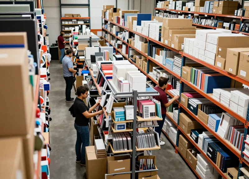 A high-angle photograph of a large office supply warehouse with shelves full of organized boxes and stationery items.