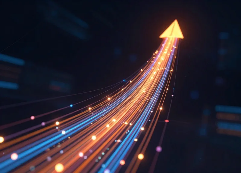 Abstract visualization of glowing data streams flowing upward representing financial growth and efficiency.