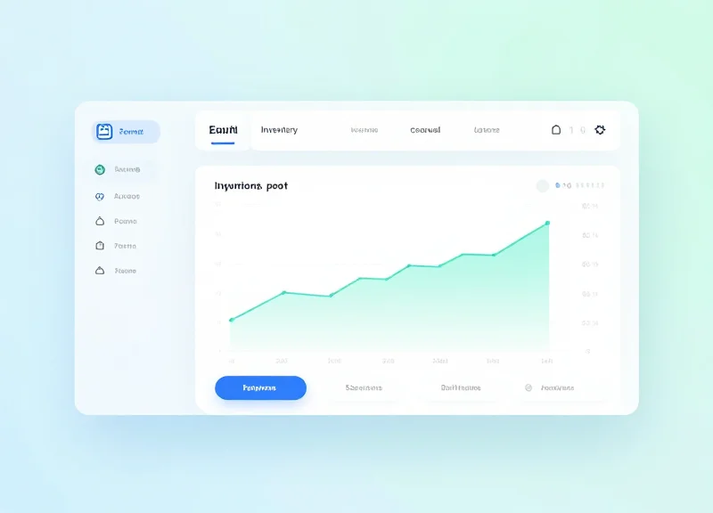 A modern inventory management dashboard interface with glassmorphism effects and colorful graphs.