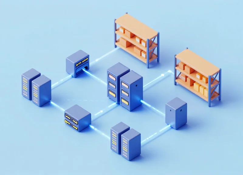 An isometric 3D model of a warehouse system integrating RFID and electronic shelf labels.