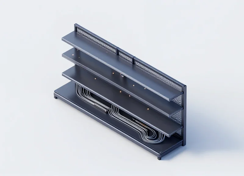 Isometric 3D view of a shelf infrastructure showing neat wiring and connectivity points for electronic shelf labels.