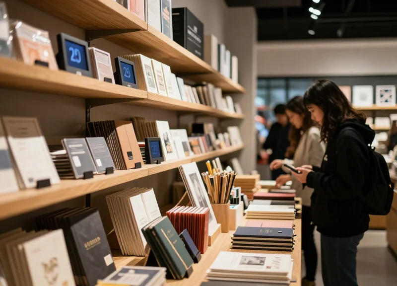 Modern stationery store interior in 2026 featuring digital electronic shelf labels and organized premium notebooks.