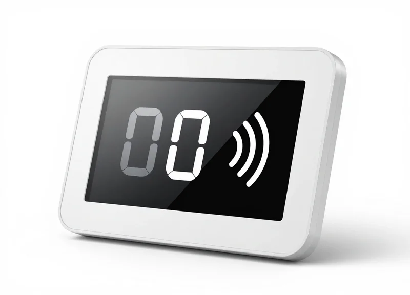 A close-up shot of an advanced electronic shelf label with a minimalist digital screen and NFC icon.