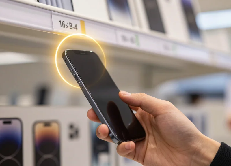 Close-up of a smartphone screen tapping a digital tag for a personalized retail discount.