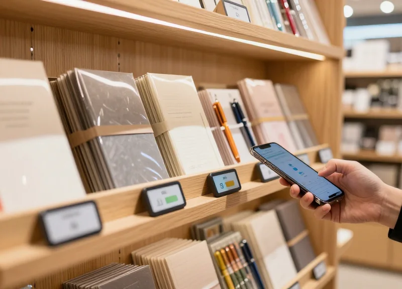 A close-up of a modern stationery store shelf featuring electronic shelf labels and a hand bringing a smartphone close to a label for an NFC interaction.