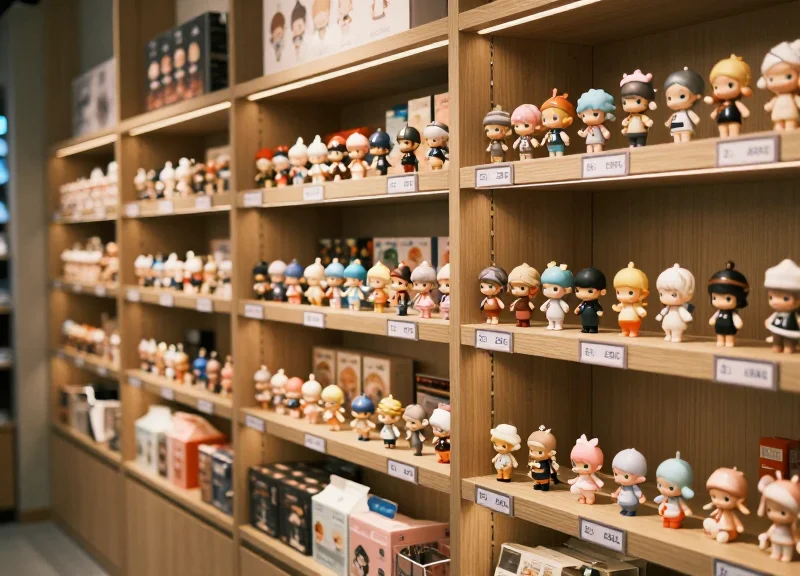 A modern toy boutique interior with colorful blind box displays and sleek electronic shelf labels on the shelving units.