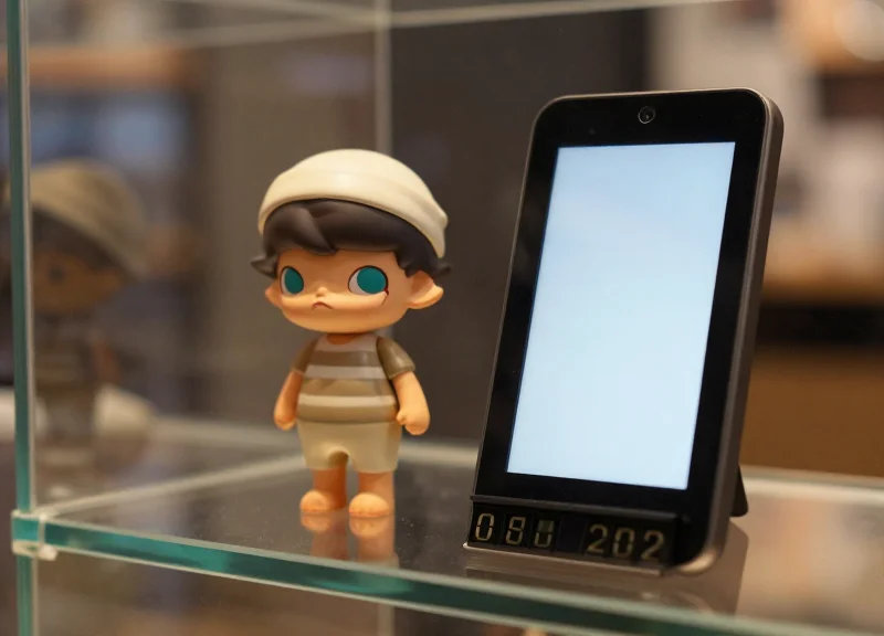 Close-up of a rare hobby collectible figure next to an electronic shelf label updating its price.