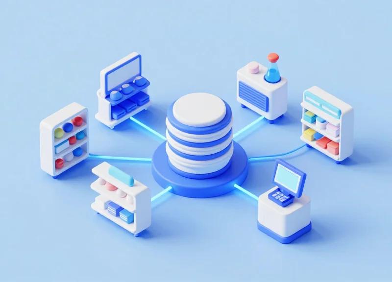 An isometric 3D model of a toy store ecosystem connecting inventory software to retail shelves.