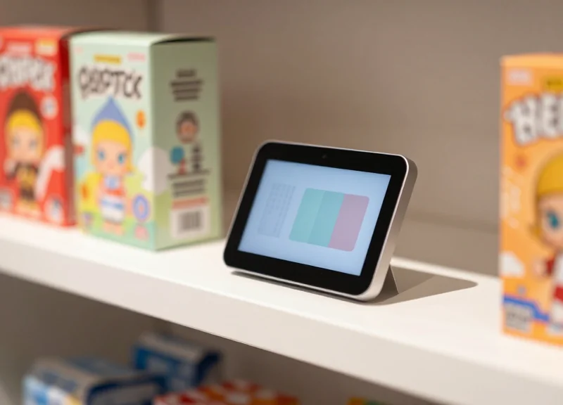 Close-up of a sleek electronic shelf label mounted on a boutique toy shelf featuring colorful collectible boxes in the background with soft bokeh.