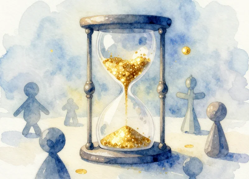 Abstract visualization of scarcity using an hourglass and glowing particles.