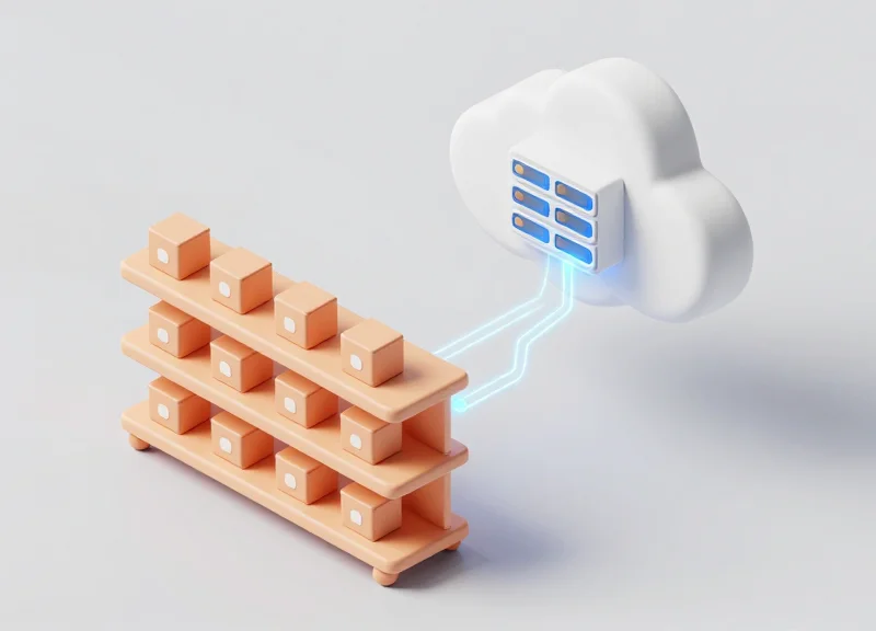 Isometric 3D view of a store shelf connected to a cloud server through glowing data lines.