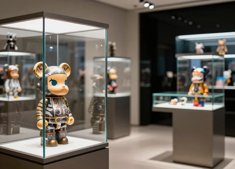 A high-end designer toy boutique with sleek glass displays and cinematic lighting