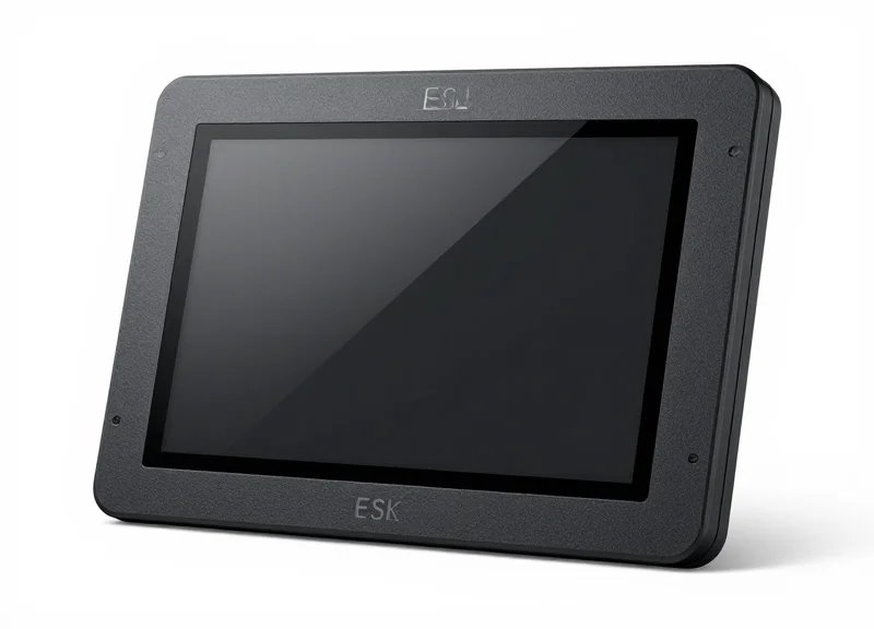 A sleek modern electronic shelf label with an e-ink display on a clean background