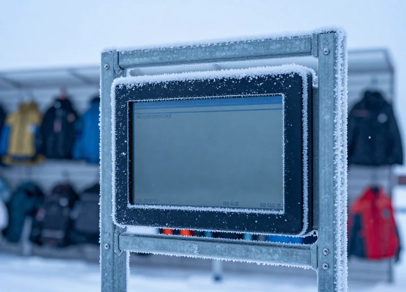 An electronic shelf label covered in frost in a winter outdoor setting
