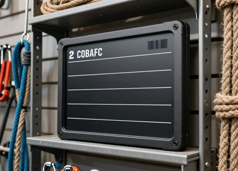 A heavy-duty rugged electronic shelf label on a metal rack with climbing gear