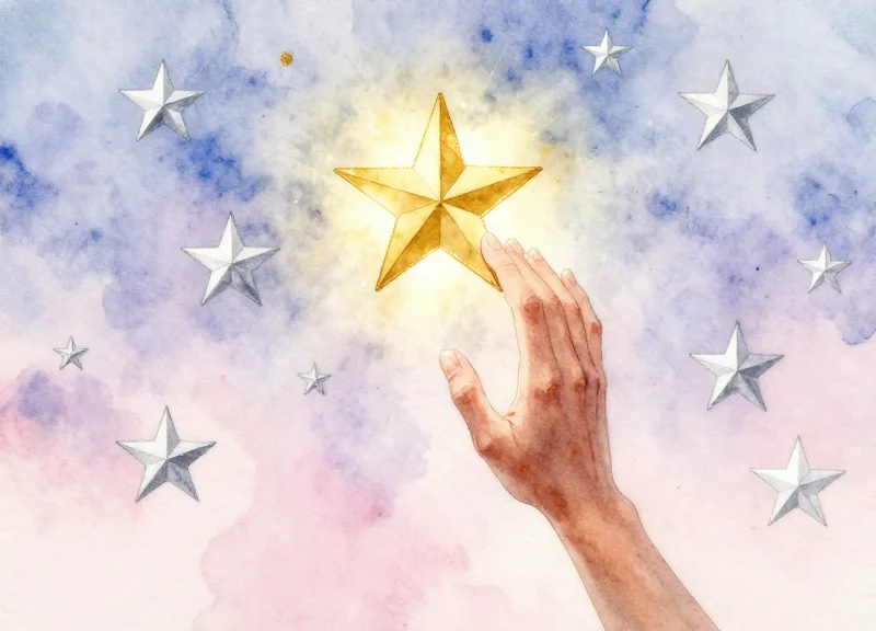 Watercolor painting of a person reaching for a glowing golden star representing VIP status.