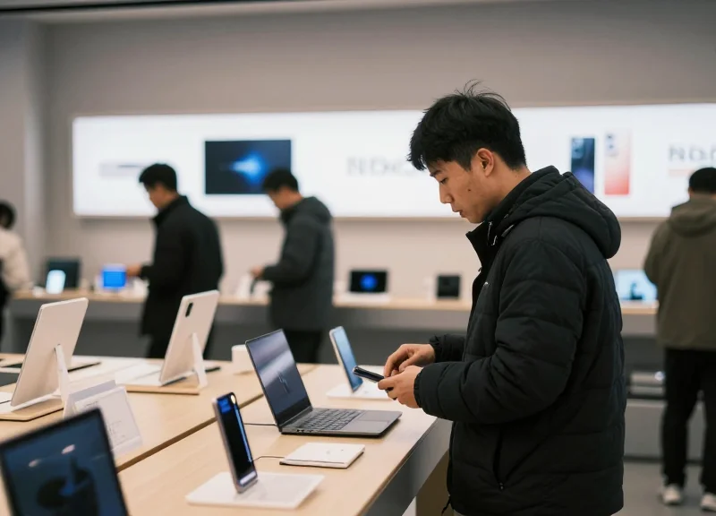 A modern electronics store with customers browsing high-end gadgets and digital shelf labels.