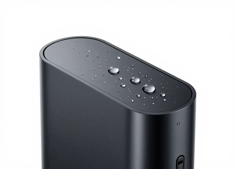 A high-tech waterproof gadget with water droplets to represent IPX rating.
