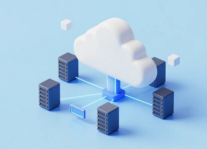 3D isometric model of a cloud server connecting to multiple digital shelf labels.