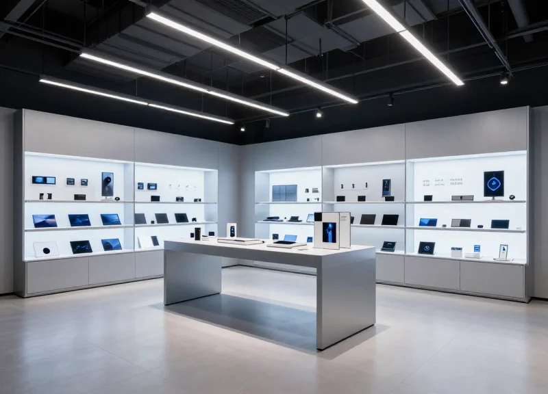 A wide shot of a high-tech specialized retail store interior in the year 2026, featuring clean lines, glowing digital shelf displays, and modern lighting.