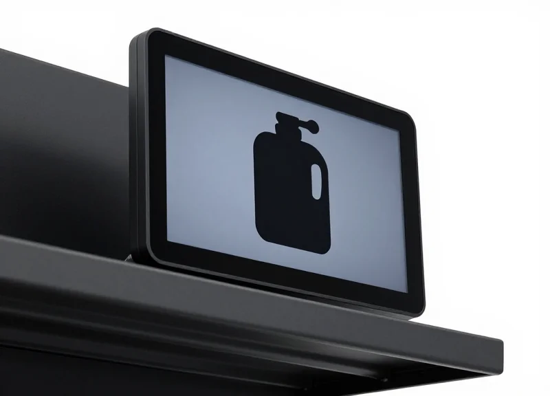 Close-up of a high-performance electronic shelf label displaying a product silhouette, mounted on a sleek black retail shelf.
