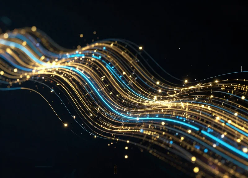 Abstract visualization of glowing digital data streams moving rapidly across a dark background, representing real-time price updates.