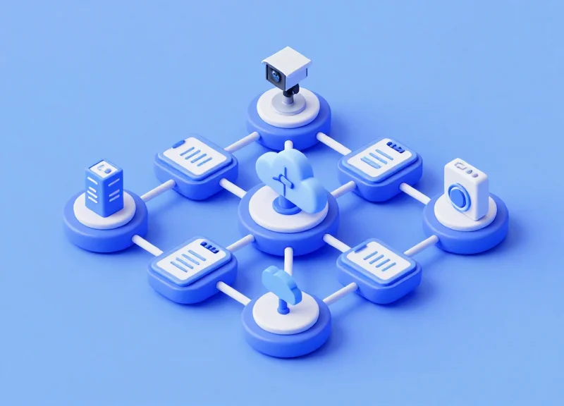 Isometric 3D illustration of a retail technology network, connecting modules of digital tags and security sensors.