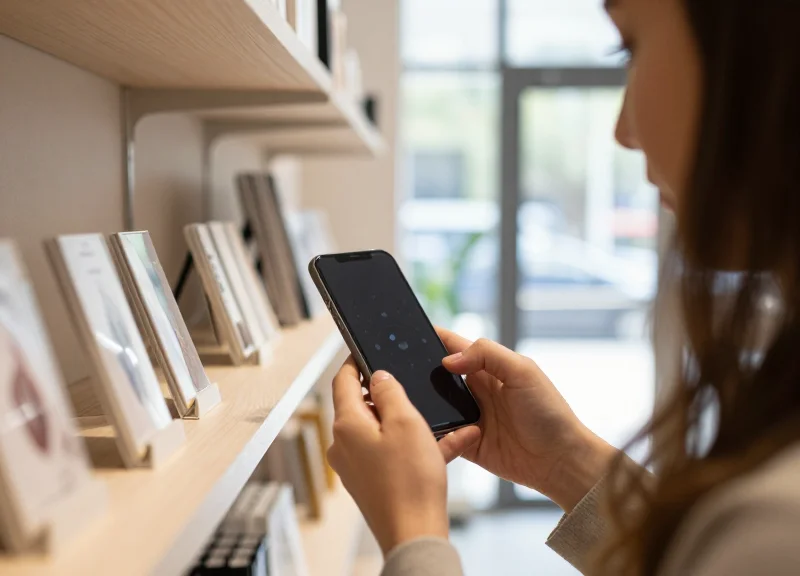A customer holding a smartphone to interact with a digital shelf tag in a boutique shop, showing interactive retail technology.